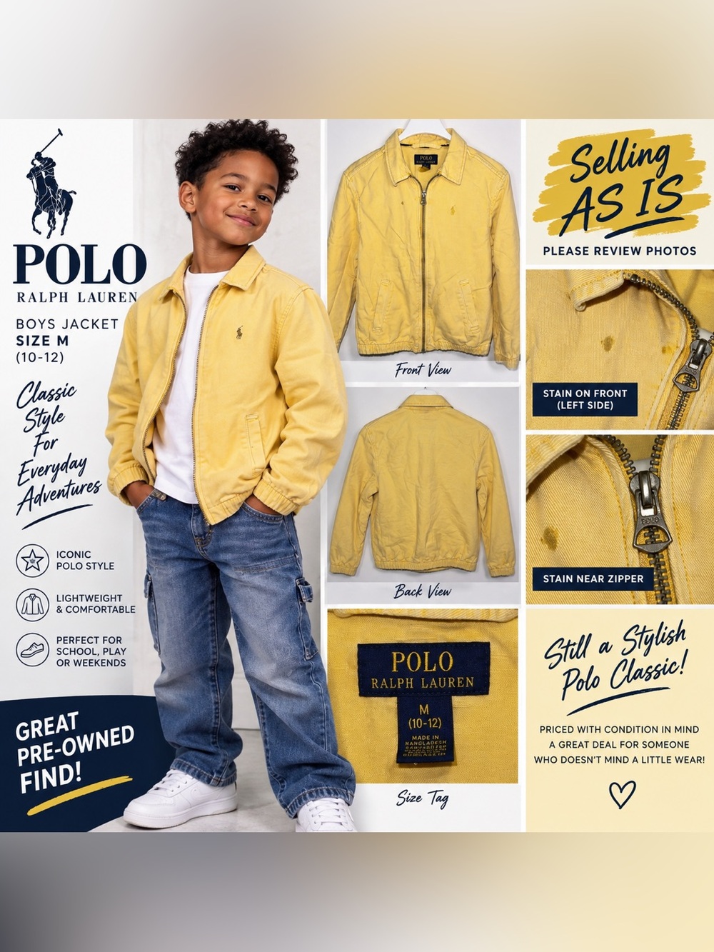 Polo by Ralph Lauren Boys' Yellow Zip Jacket with Pony Logo size M 10/12
